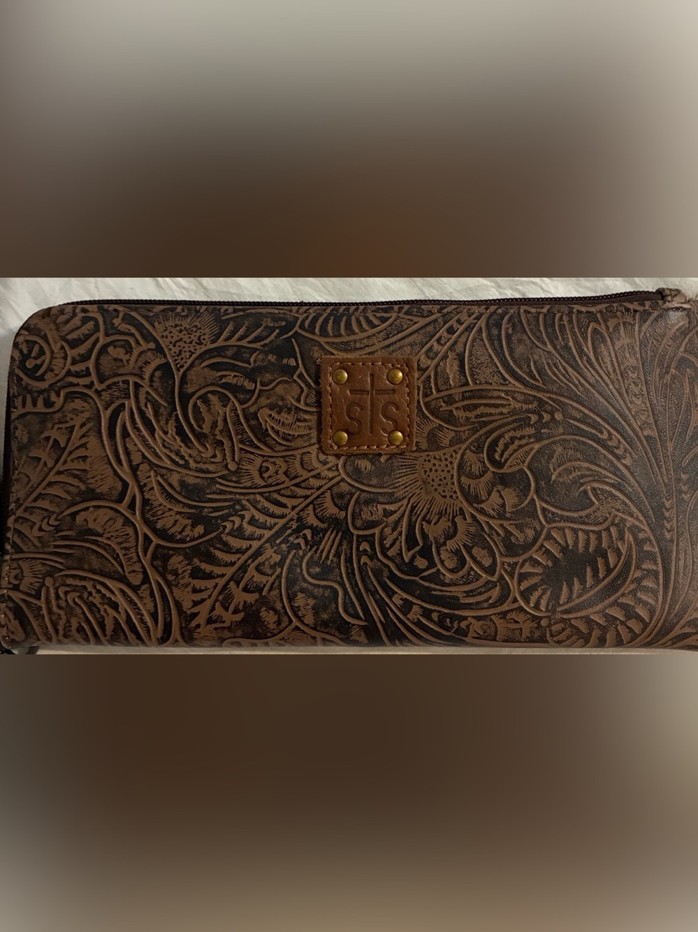 Embossed Floral Zip Wallet - Brown Leather